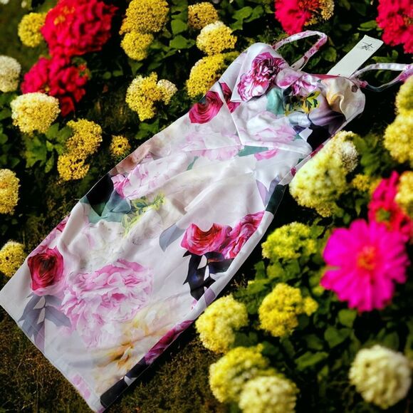 New Lipsy Body-Con Dress Bandeau Floral Sheath Strapless Exposed Zipper‎ US 4 - Picture 10 of 10